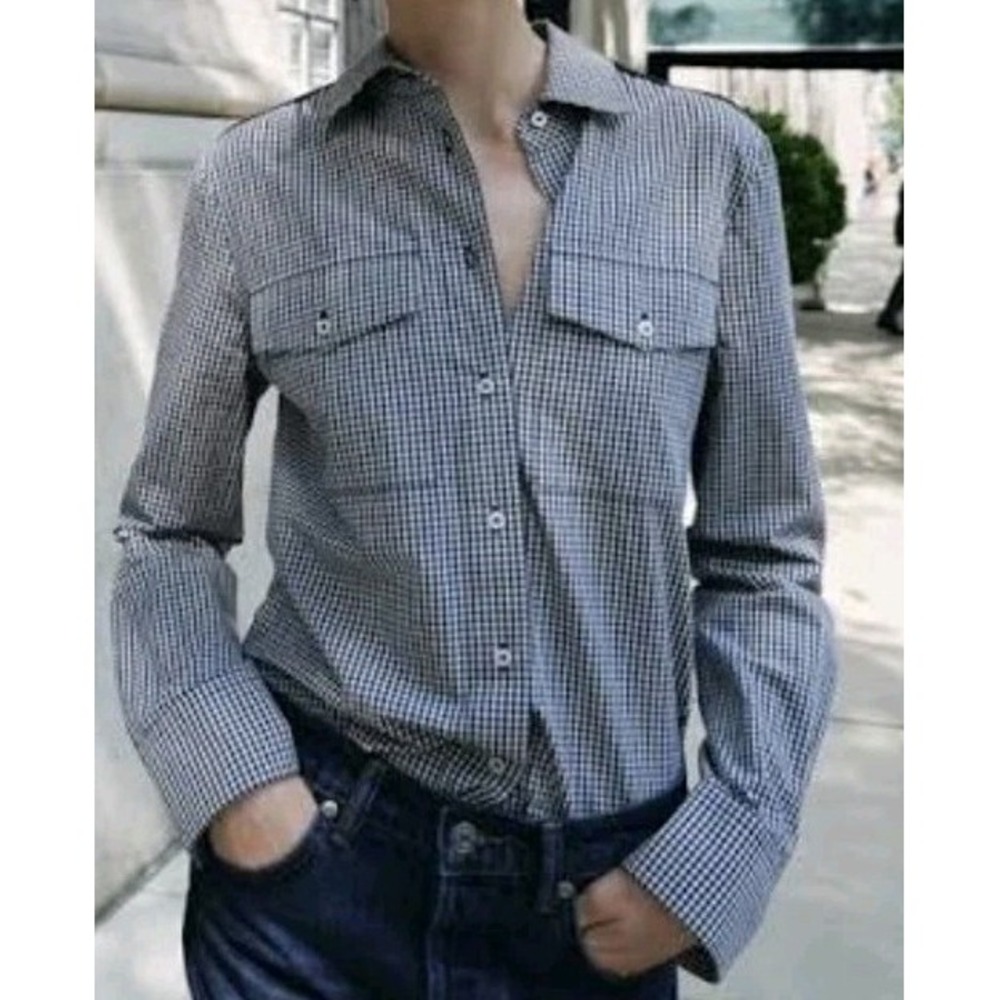 Zara ZW Collection Gingham Long-Sleeve Button Up Navy Size M NWT